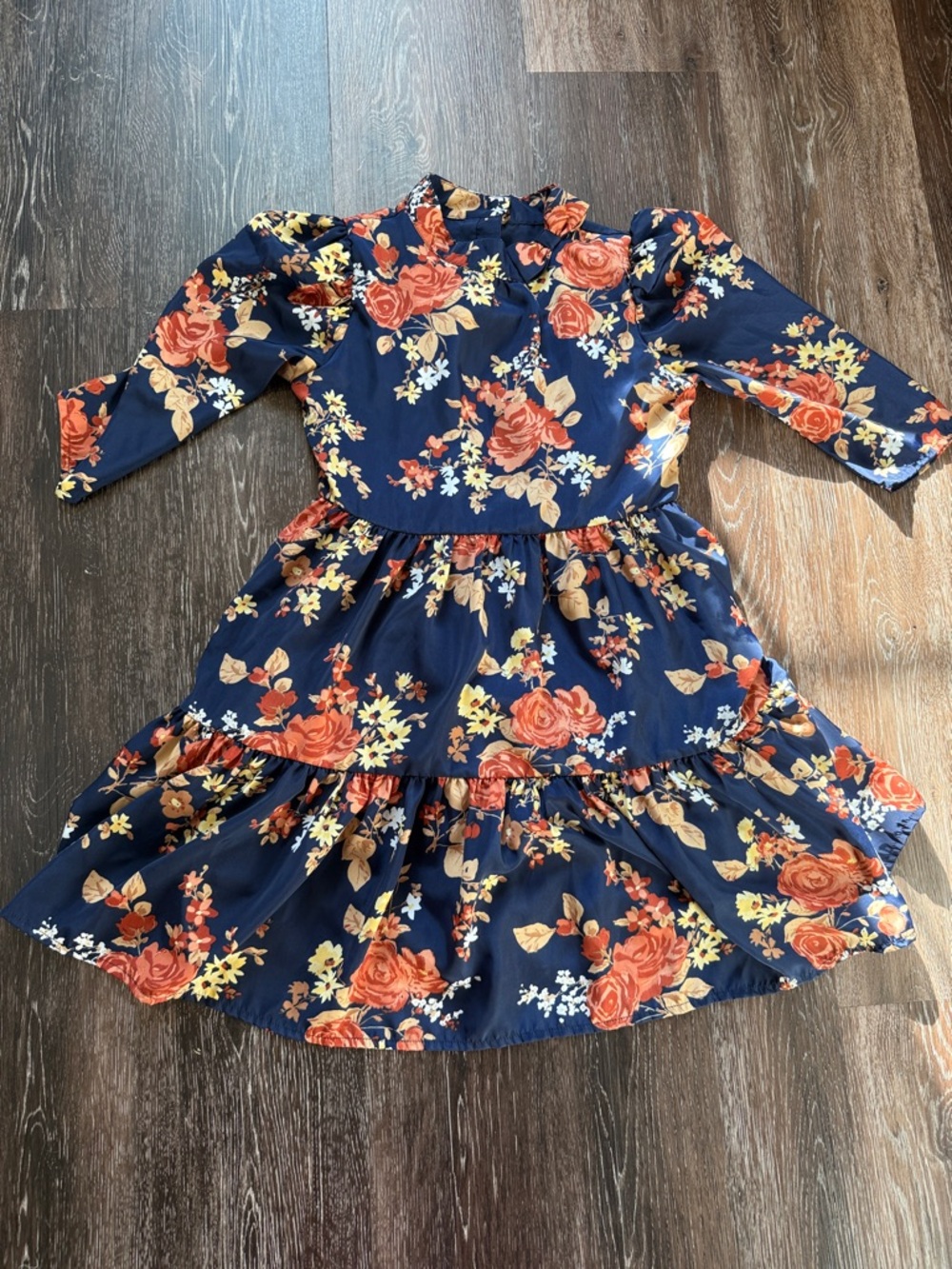 Janie and Jack Navy Floral Tiered Ruffle Dress with Orange Roses